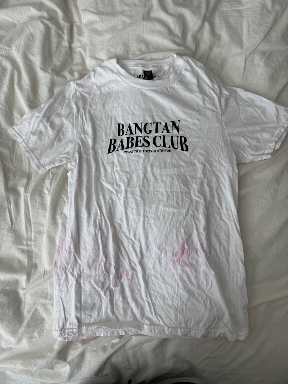 BTS Bangtan Babes Club White Tee with Light Pink Tie Dye Feature